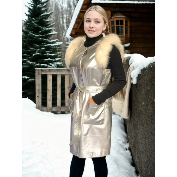 Arnay Kadın Kolsuz Hakiki Deri Kürk - Gri