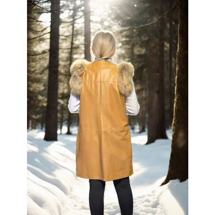 Arnay Kadın Kolsuz Hakiki Deri Kürk - Hardal