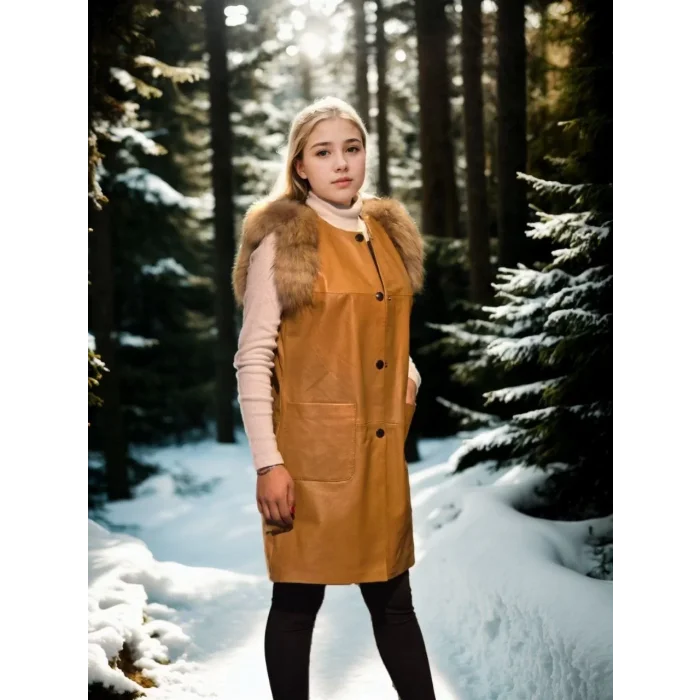 Arnay Kadın Kolsuz Hakiki Deri Kürk - Hardal