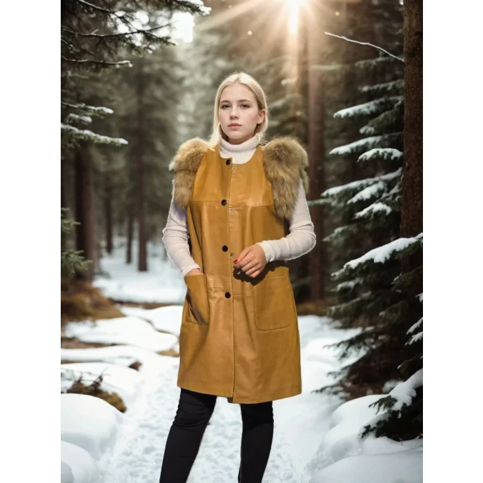 Arnay Kadın Kolsuz Hakiki Deri Kürk - Hardal