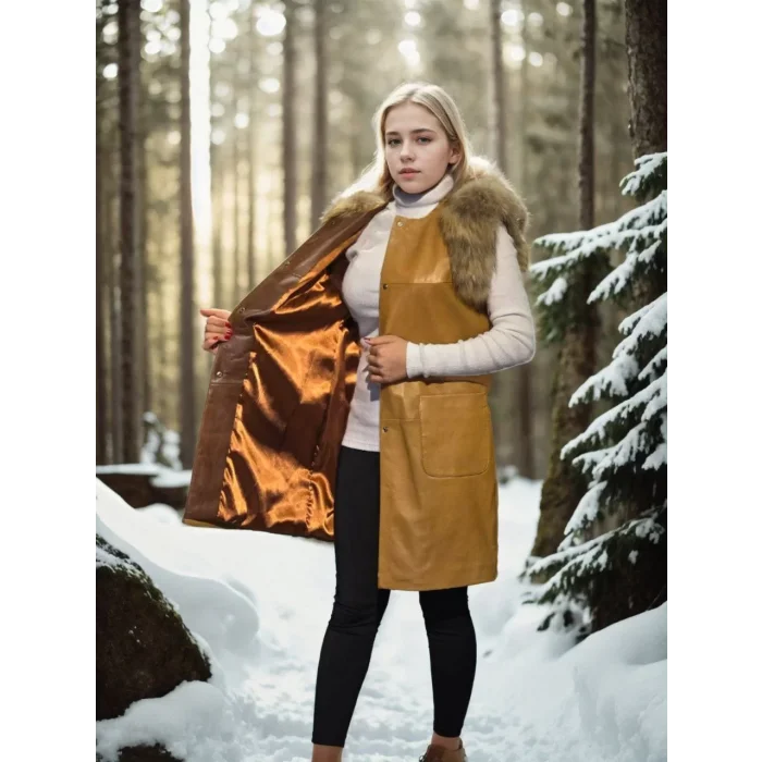 Arnay Kadın Kolsuz Hakiki Deri Kürk - Hardal