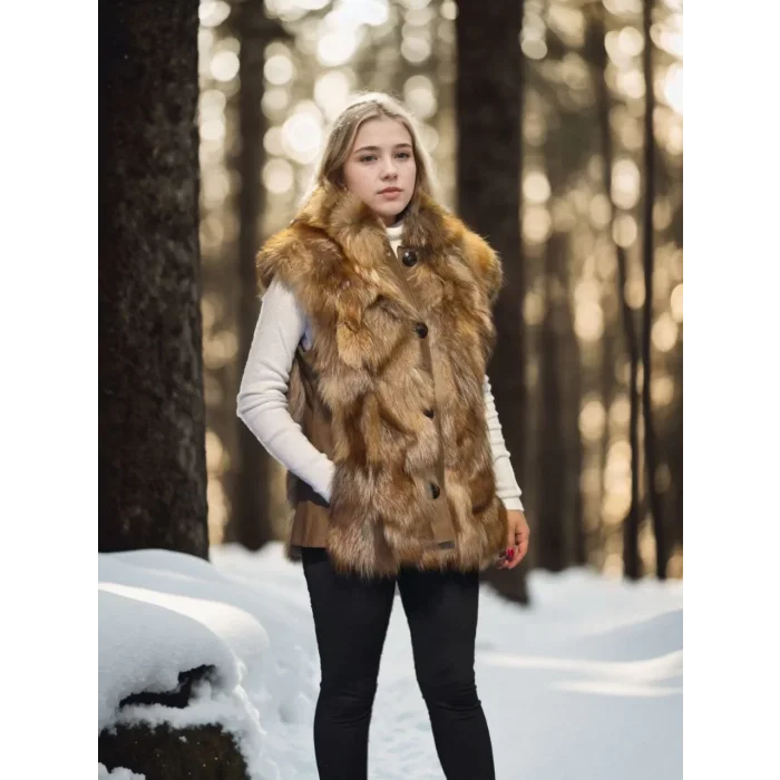 Arnay Kadın Kolsuz Hakiki Deri Kürk - Kahve