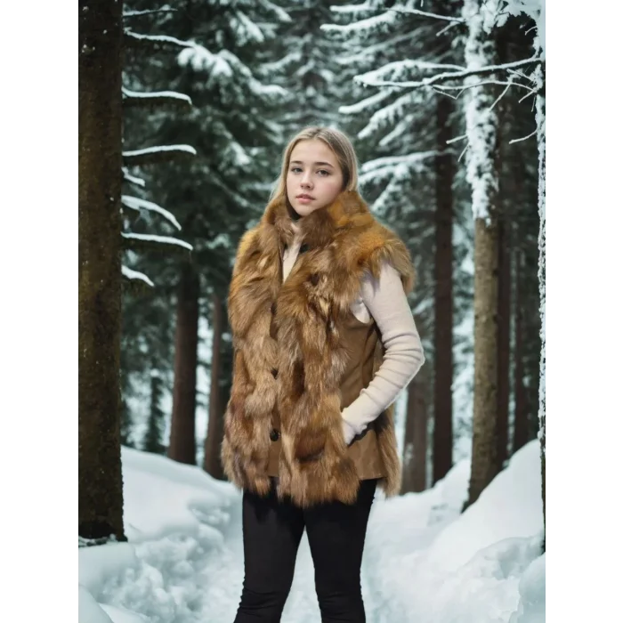 Arnay Kadın Kolsuz Hakiki Deri Kürk - Kahve