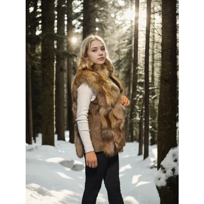 Arnay Kadın Kolsuz Hakiki Deri Kürk - Kahve