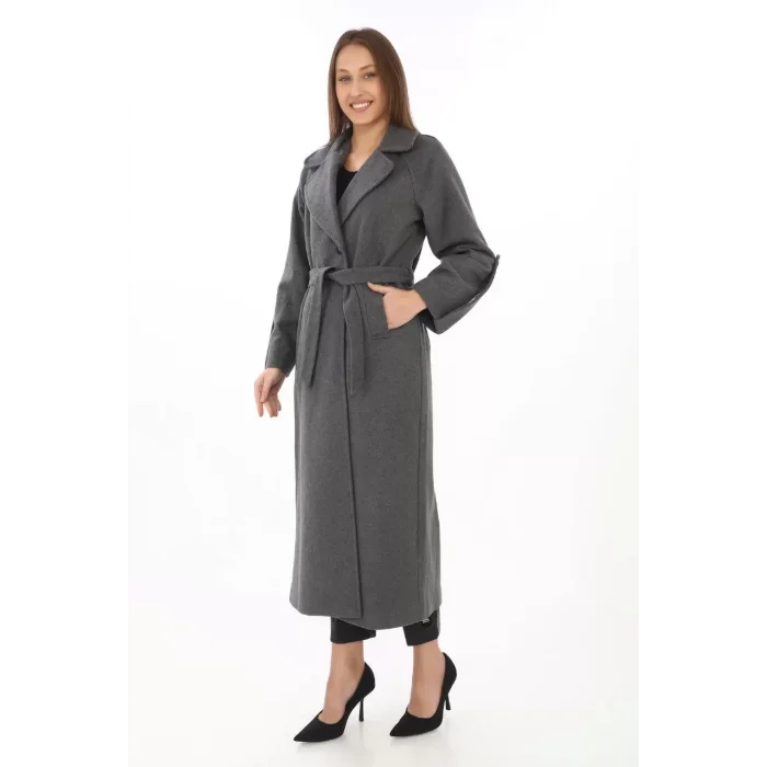 Arnay Kadın Kolu Apoletli Astarlı Kaşmir Kaşe Kaban - Füme