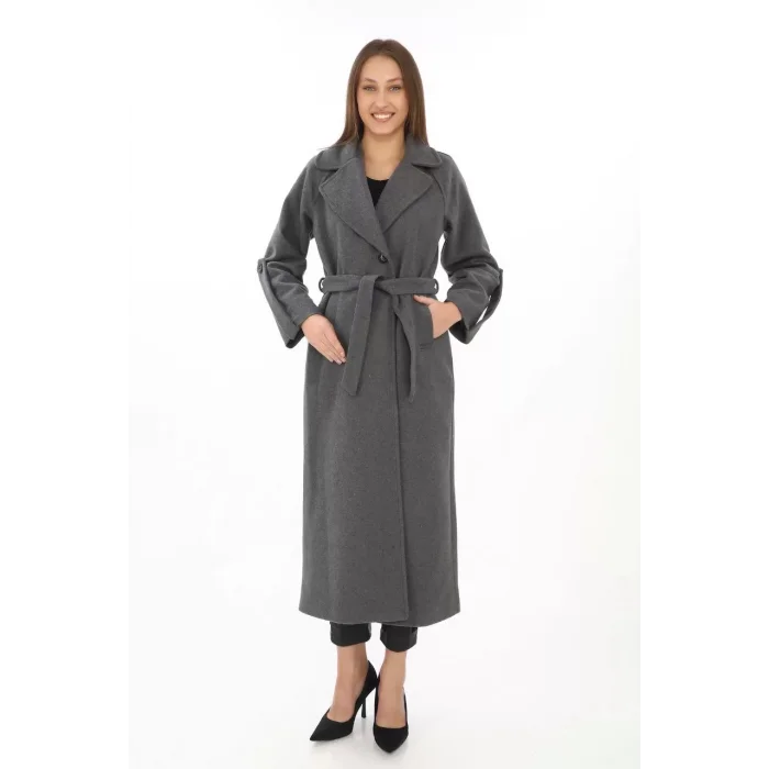 Arnay Kadın Kolu Apoletli Astarlı Kaşmir Kaşe Kaban - Füme