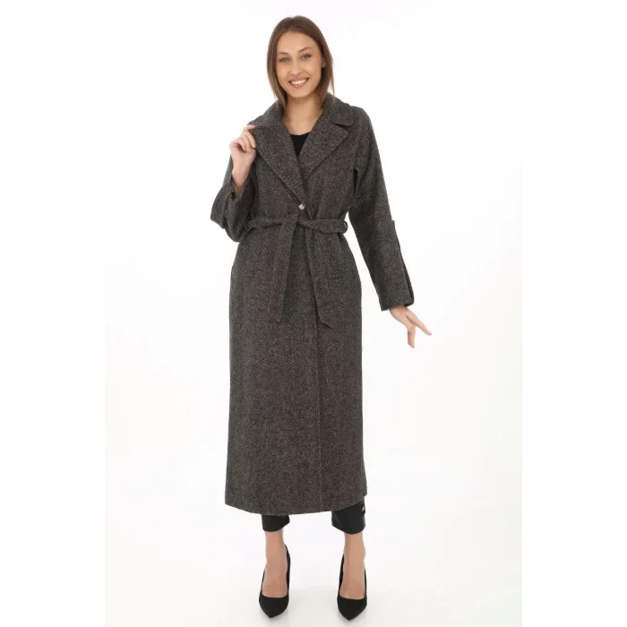 Arnay Kadın Kolu Apoletli Astarlı Kaşmir Kaşe Kaban - Füme