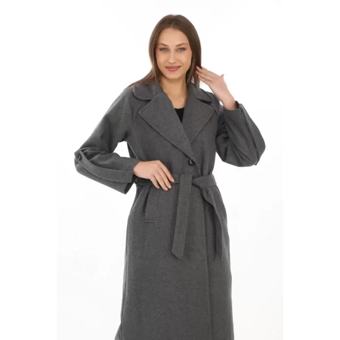 Arnay Kadın Kolu Apoletli Astarlı Kaşmir Kaşe Kaban - Füme