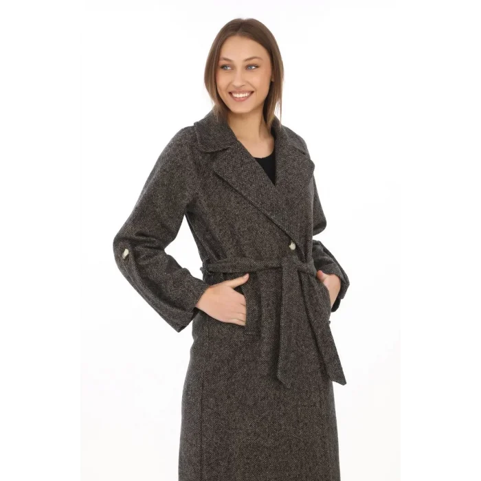 Arnay Kadın Kolu Apoletli Astarlı Kaşmir Kaşe Kaban - Füme