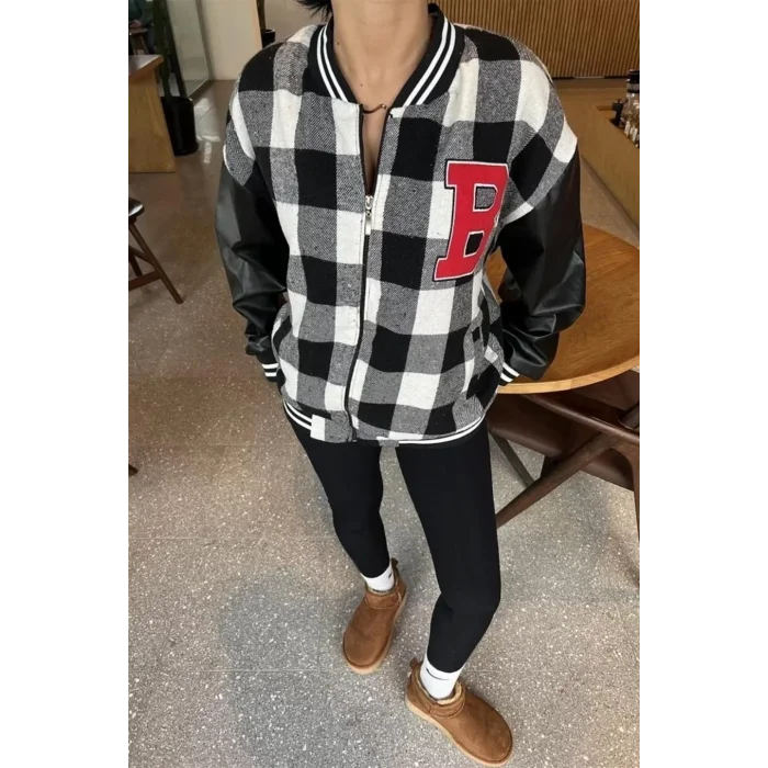 Arnay Kadın Pötikare Desen Harf Nakışlı Kolej Ceket - Siyah