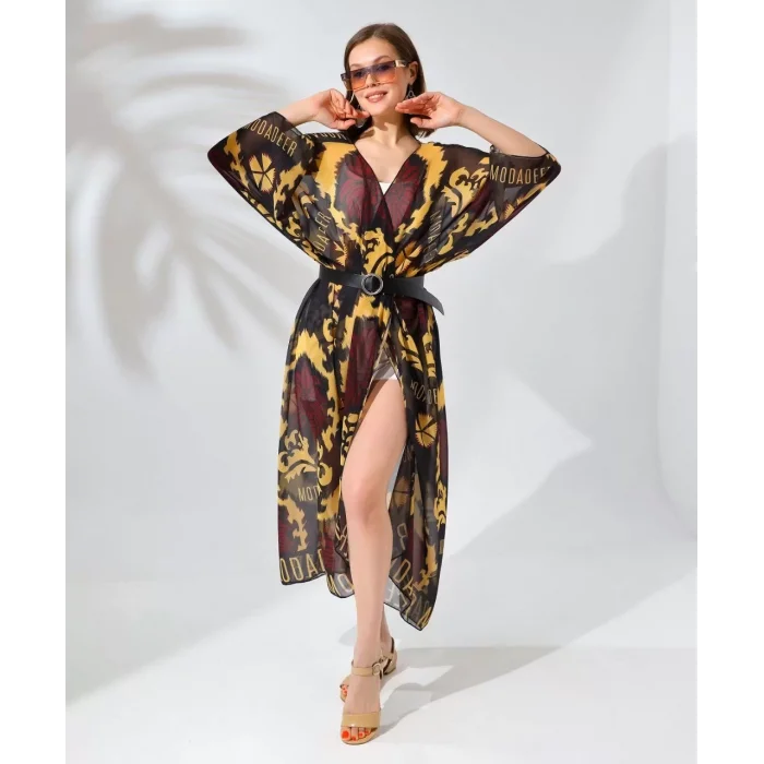 Arnay Kadın Rahat Kesim Kemerli Şifon Kimono - Kahve