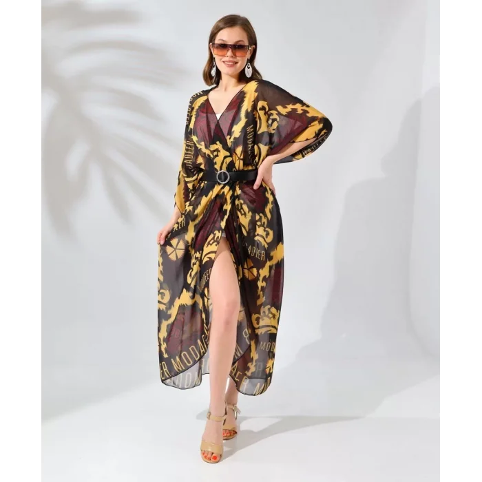 Arnay Kadın Rahat Kesim Kemerli Şifon Kimono - Kahve