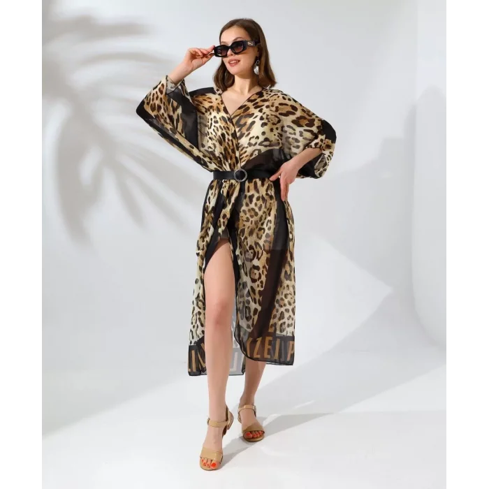 Arnay Kadın Rahat Kesim Kemerli Şifon Kimono - Leopar