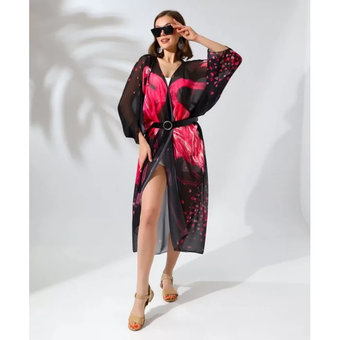 Arnay Kadın Rahat Kesim Kemerli Şifon Kimono - Siyah