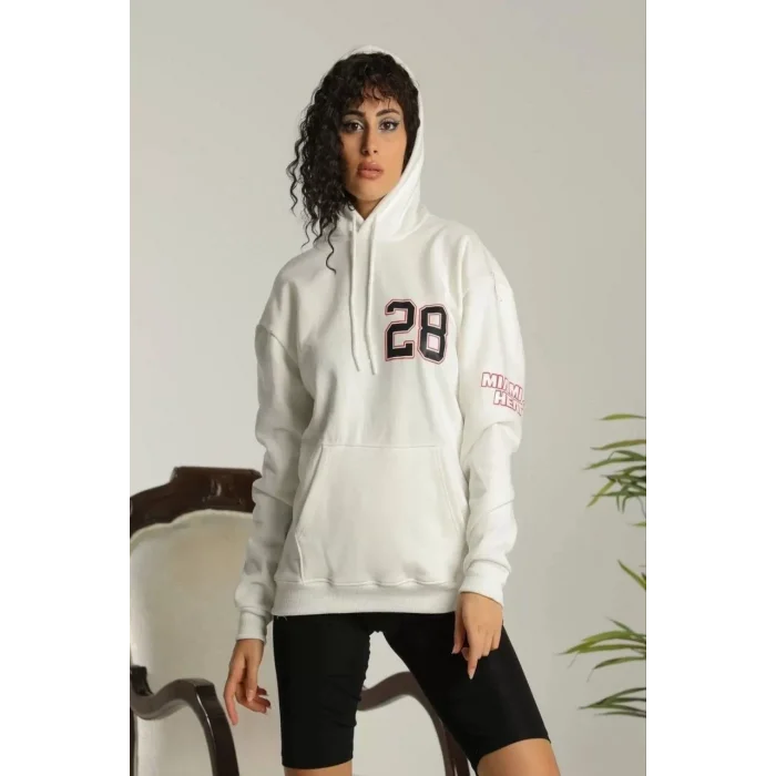 Arnay Kadın Sırt Baskılı Oversize Üç İplik Kapüşonlu Sweatshirt - Beyaz