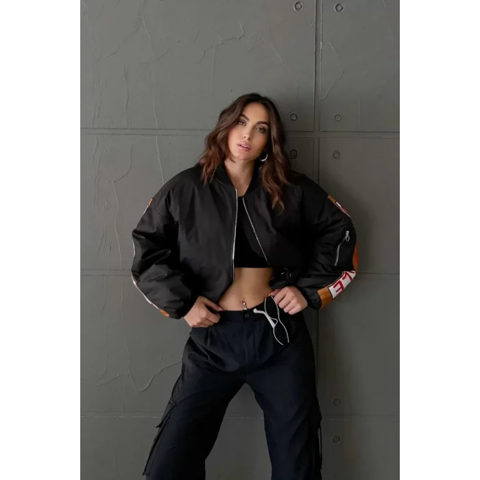 Arnay Kadın Sırt Ve Kol Parça Baskılı Bomber Ceket - Siyah