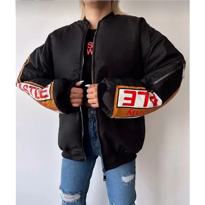 Arnay Kadın Sırt Ve Kol Parça Baskılı Bomber Ceket - Siyah