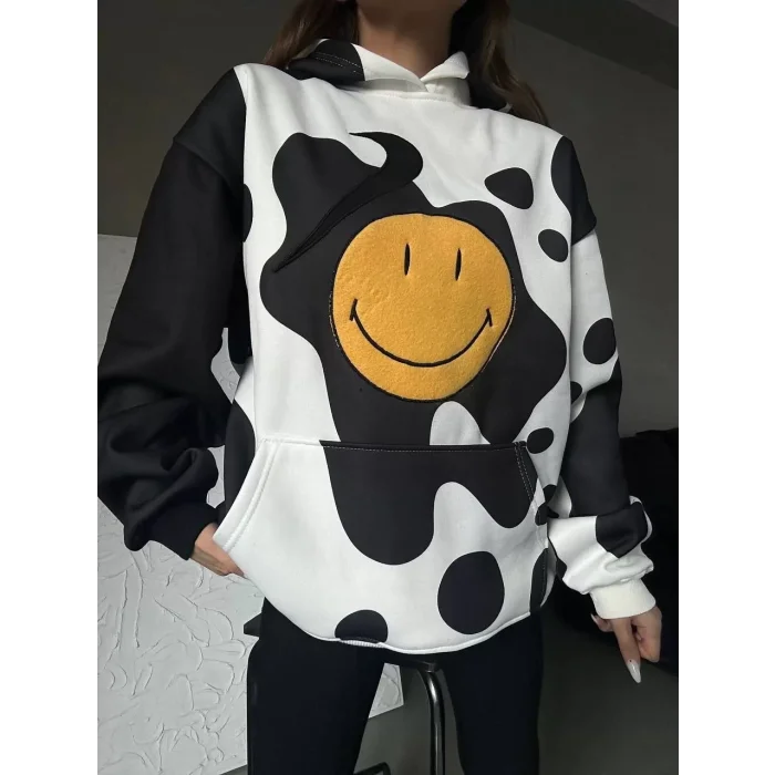 Arnay Kadın Smiley Face Kapüşonlu Sweatshirt - Siyah