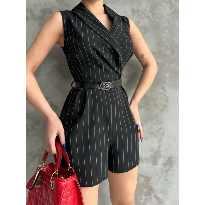 Arnay Kadın Şortlu Kemerli Tulum - Siyah