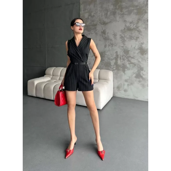 Arnay Kadın Şortlu Kemerli Tulum - Siyah