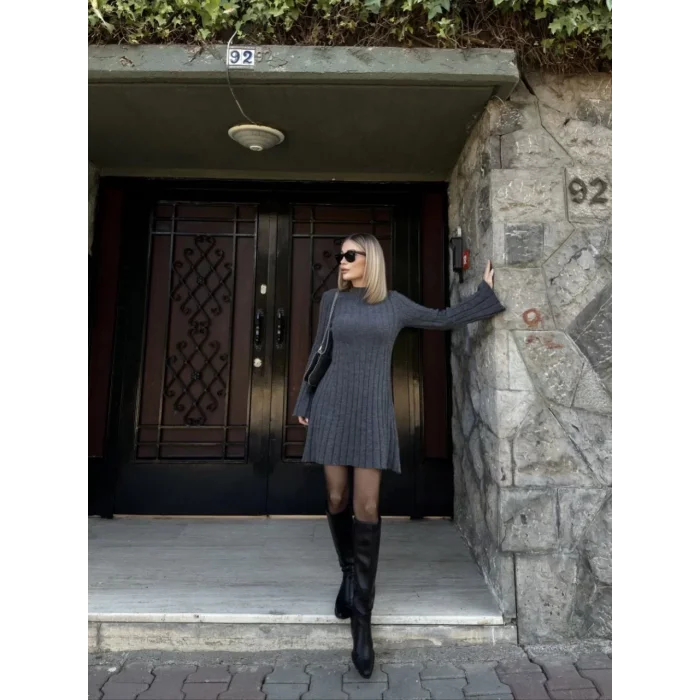 Arnay Kadın Triko Fitilli Uzun Kollu Elbise - Füme