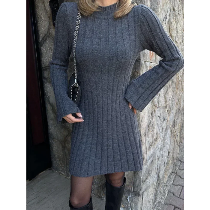 Arnay Kadın Triko Fitilli Uzun Kollu Elbise - Füme