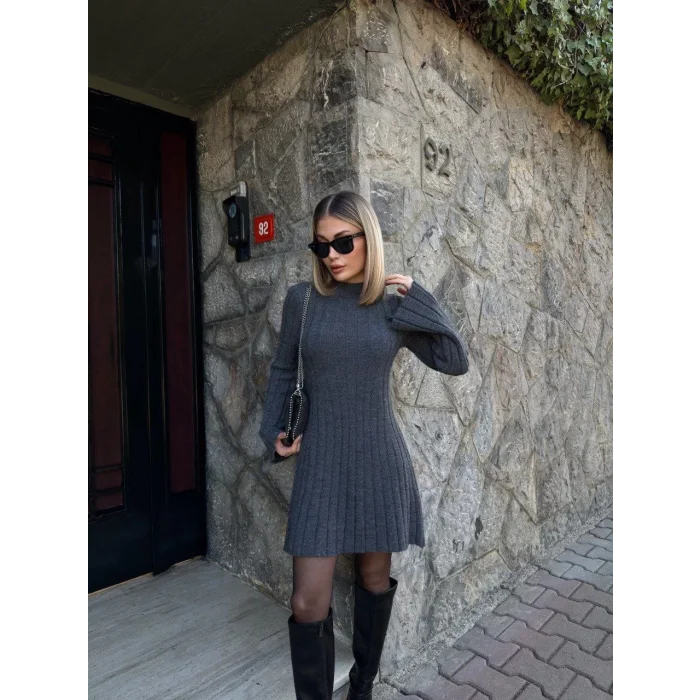 Arnay Kadın Triko Fitilli Uzun Kollu Elbise - Füme