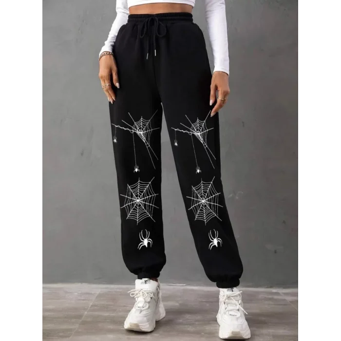 Arnay Kadın Üç İplik Örümcek Baskılı Eşofman Altı - Siyah