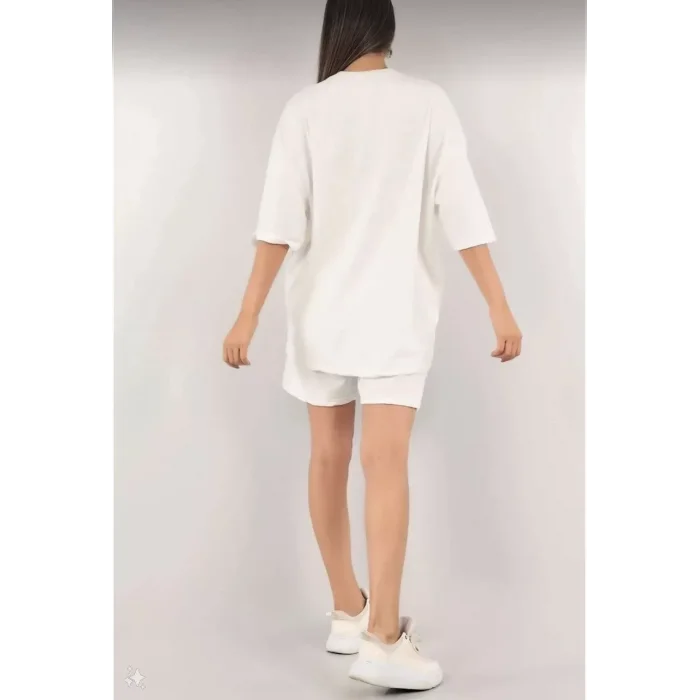 Arnay Kadın Unisex Nakış İşlemeli Şort Takım - Beyaz