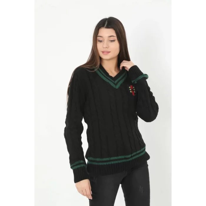 Arnay Kadın V Yaka Örgülü Kazak - Siyah