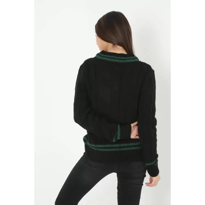 Arnay Kadın V Yaka Örgülü Kazak - Siyah