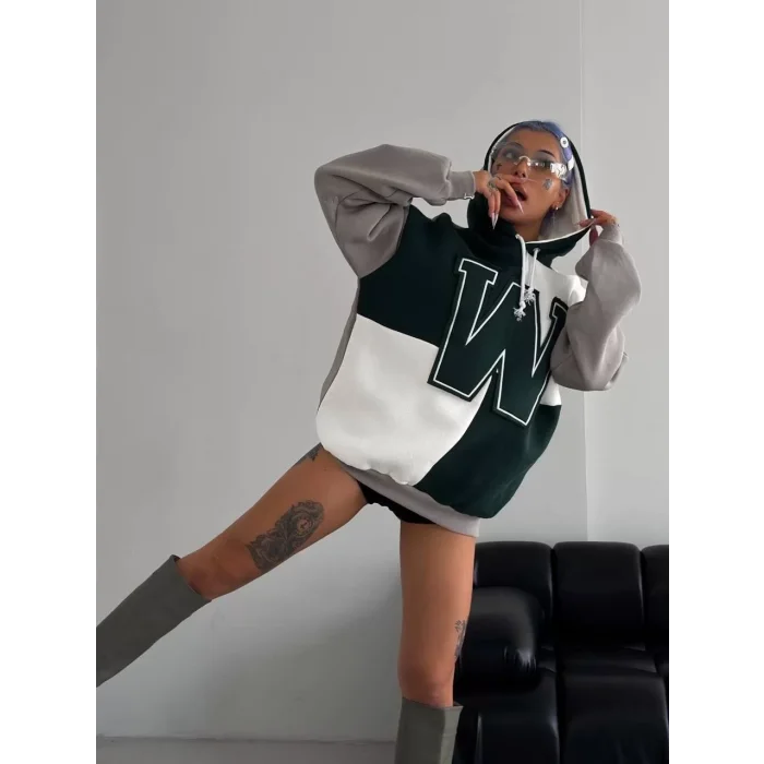 Arnay Kadın W Nakış İşlemeli Kapüşonlu Sweatshirt - Yeşil