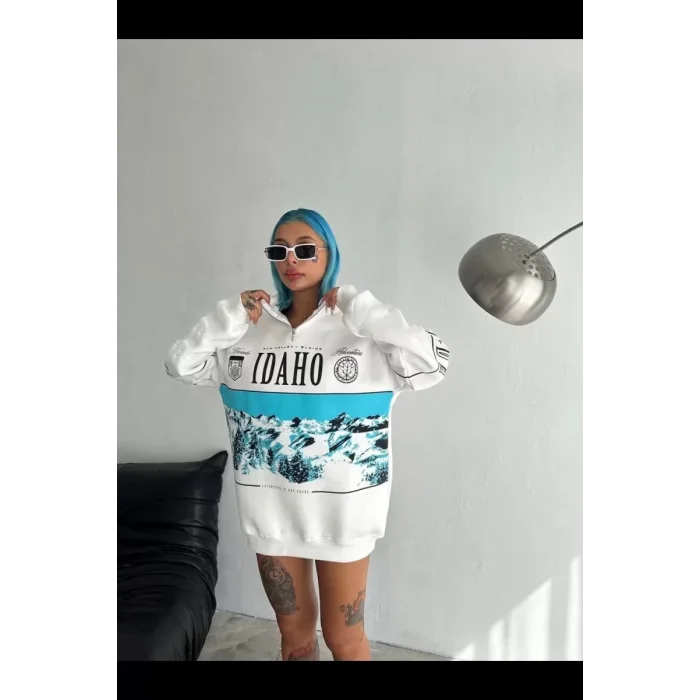 Arnay Kadın Yarım Fermuarlı Oversize Baskılı Sweatshirt - Beyaz