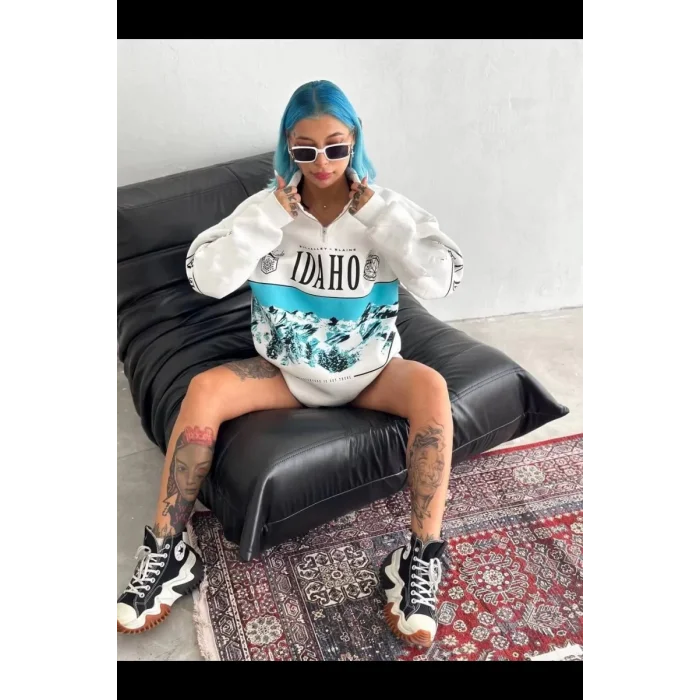 Arnay Kadın Yarım Fermuarlı Oversize Baskılı Sweatshirt - Beyaz