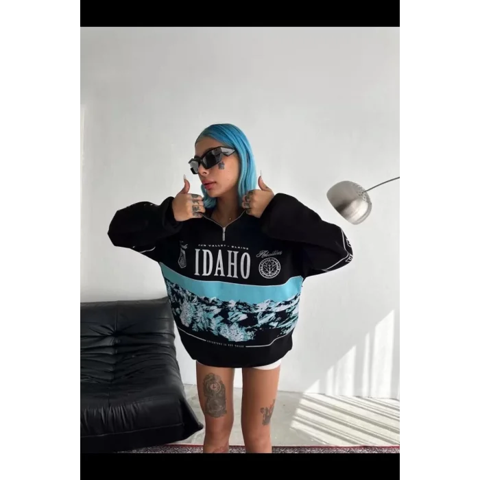 Arnay Kadın Yarım Fermuarlı Oversize Baskılı Sweatshirt - Siyah