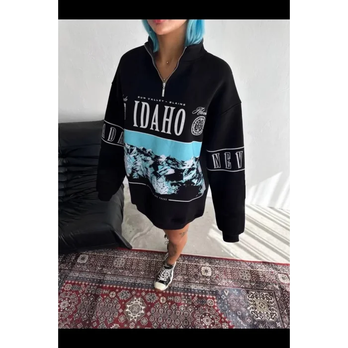 Arnay Kadın Yarım Fermuarlı Oversize Baskılı Sweatshirt - Siyah