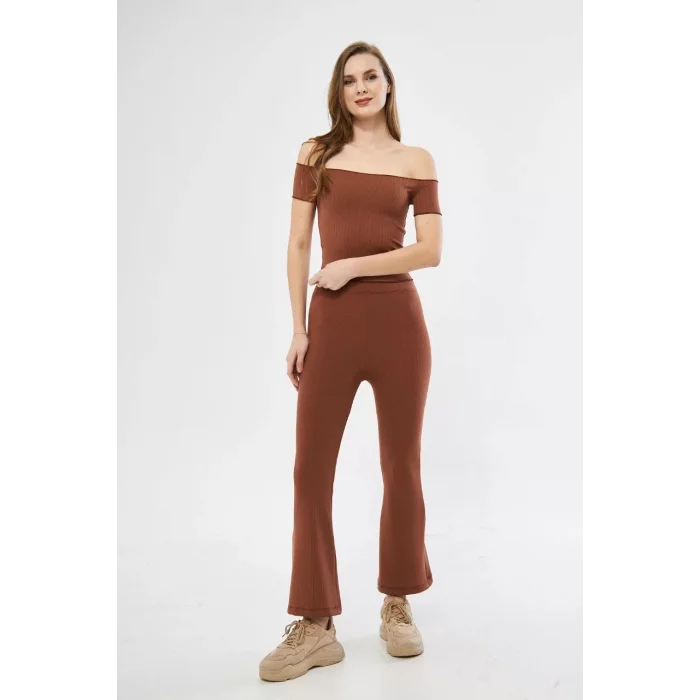 Arnay Kadın Yüksel Bel Fitilli İspanyol Paça Tayt - Kahve