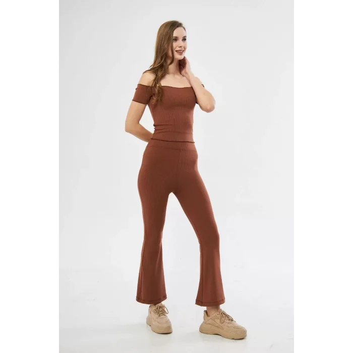 Arnay Kadın Yüksel Bel Fitilli İspanyol Paça Tayt - Kahve