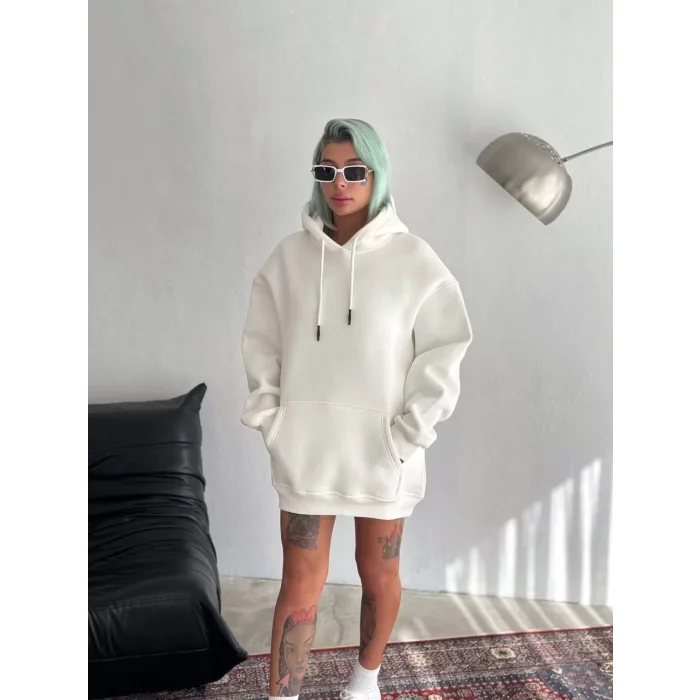 Arnay Kapüşonlu Üç İplik Penye Basic Sweatshirt - Beyaz