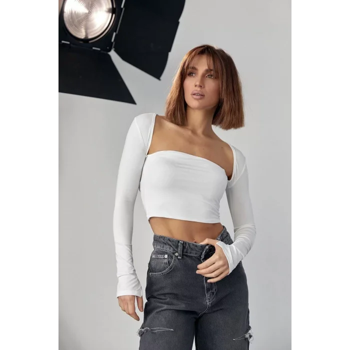 Arnay Kara Yaka Uzun Kollu Crop - Beyaz