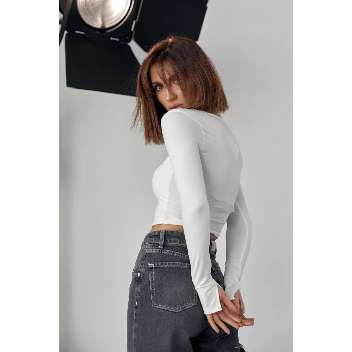 Arnay Kara Yaka Uzun Kollu Crop - Beyaz