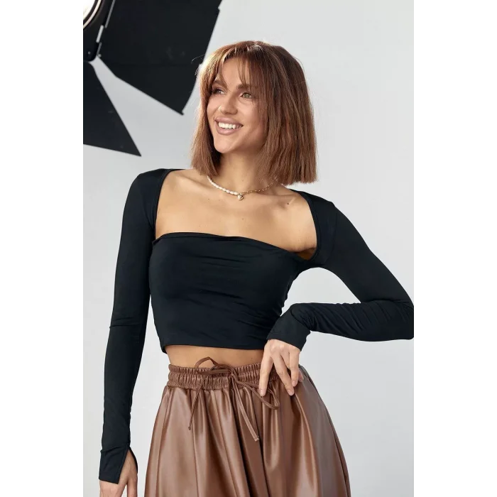 Arnay Kara Yaka Uzun Kollu Crop - Siyah