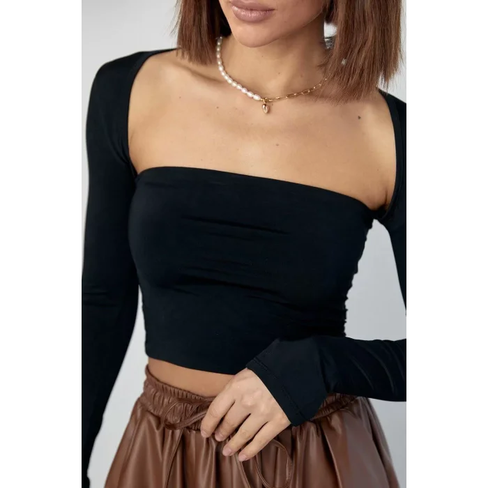 Arnay Kara Yaka Uzun Kollu Crop - Siyah