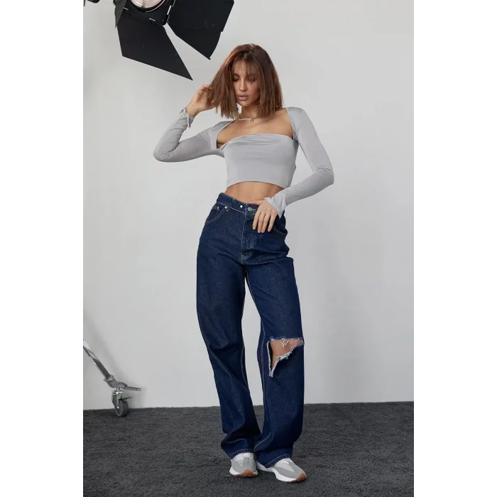 Arnay Kara Yaka Uzun Kollu Crop - Taş