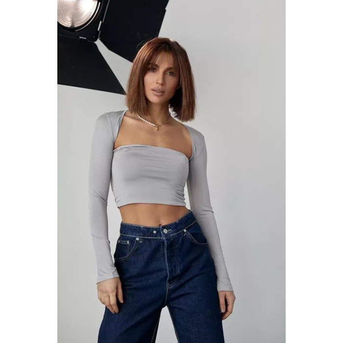 Arnay Kara Yaka Uzun Kollu Crop - Taş