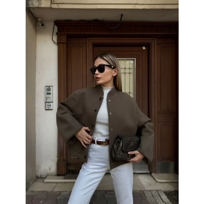 Arnay Kaşe Kaşmir Cıt Cıt Detaylı Yama Cepli Bomber Ceket - Haki