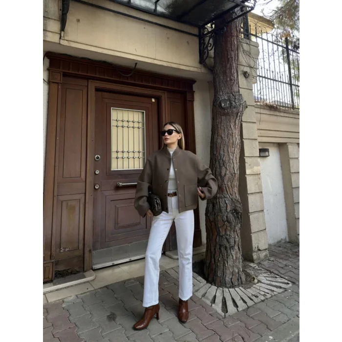 Arnay Kaşe Kaşmir Cıt Cıt Detaylı Yama Cepli Bomber Ceket - Haki