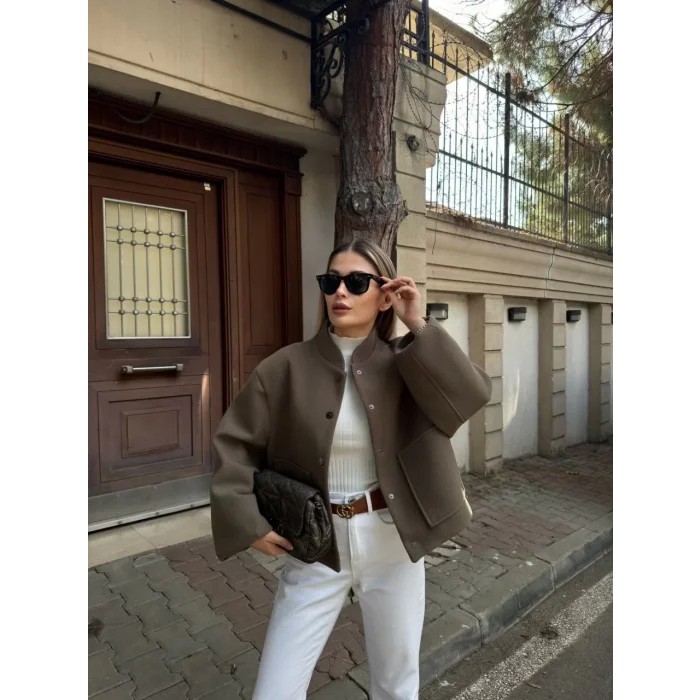 Arnay Kaşe Kaşmir Cıt Cıt Detaylı Yama Cepli Bomber Ceket - Haki