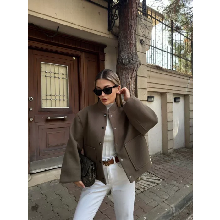 Arnay Kaşe Kaşmir Cıt Cıt Detaylı Yama Cepli Bomber Ceket - Haki