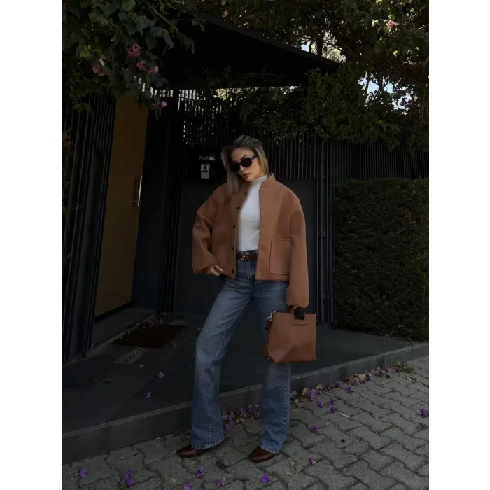 Arnay Kaşe Kaşmir Cıt Cıt Detaylı Yama Cepli Bomber Ceket - Kahve